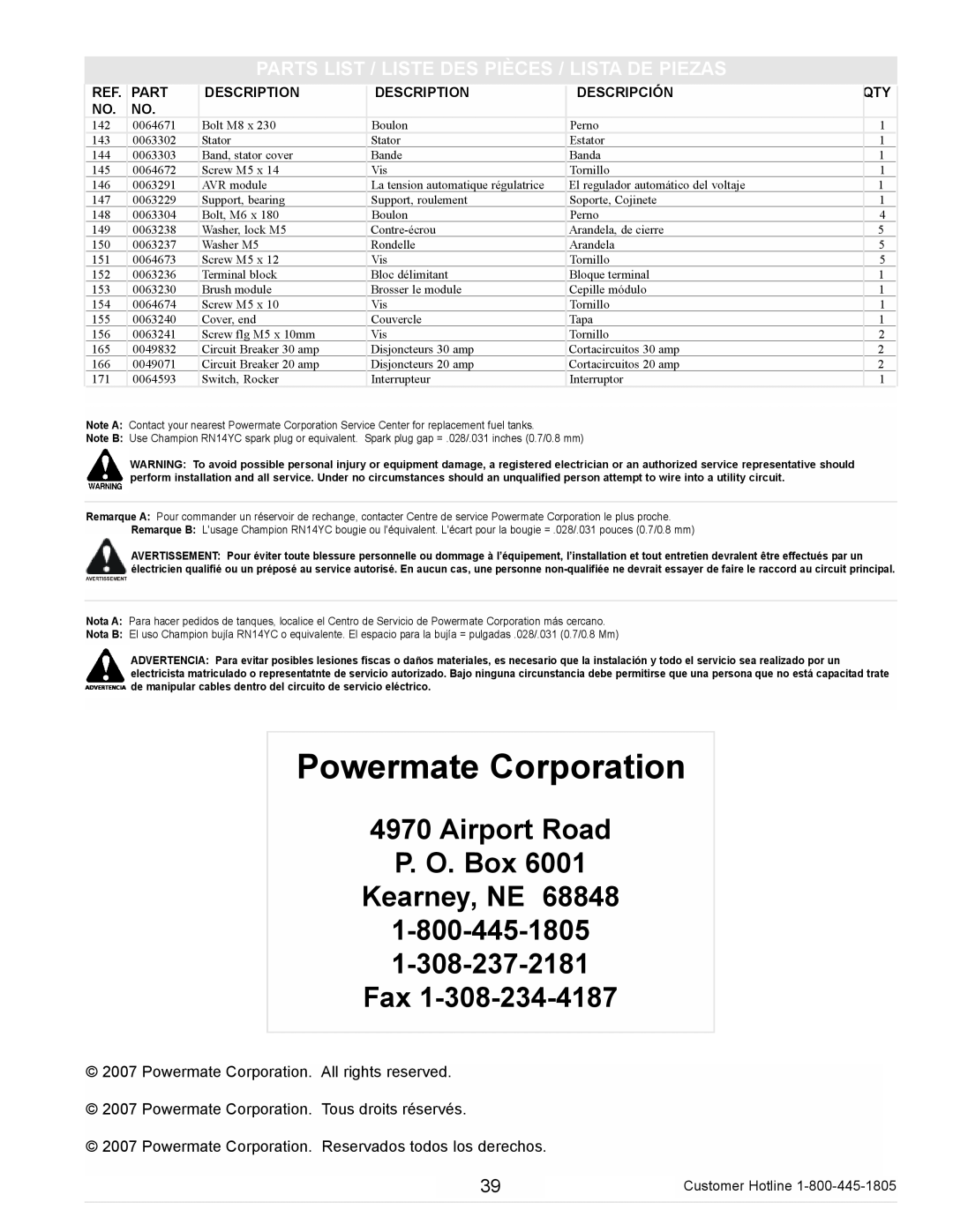 Powermate PM0105000 manual Airport Road P. O. Box Kearney, NE, Powermate Corporation 