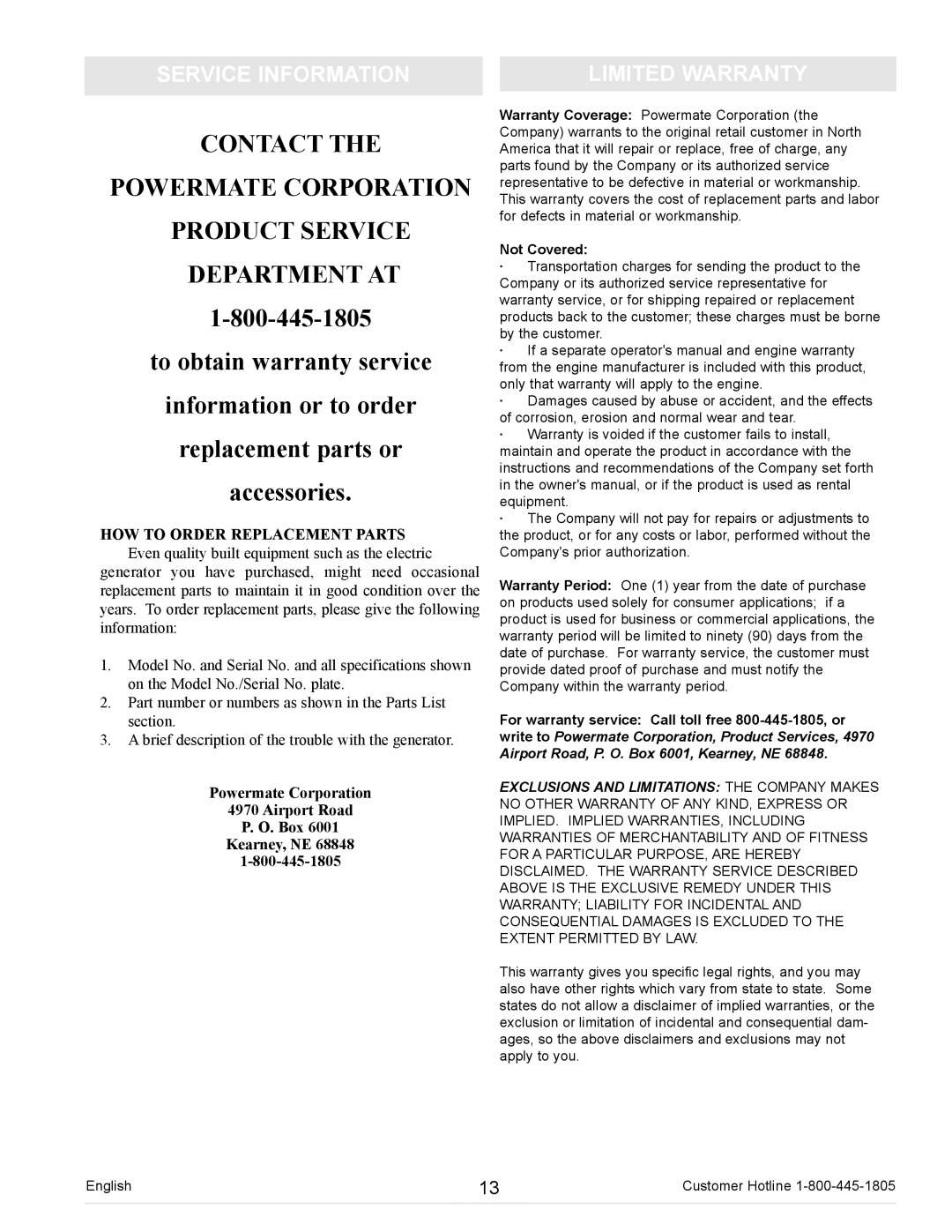 Powermate PM0105000 manual Service Information Limited Warranty, Powermate Corporation Airport Road Box Kearney, NE 