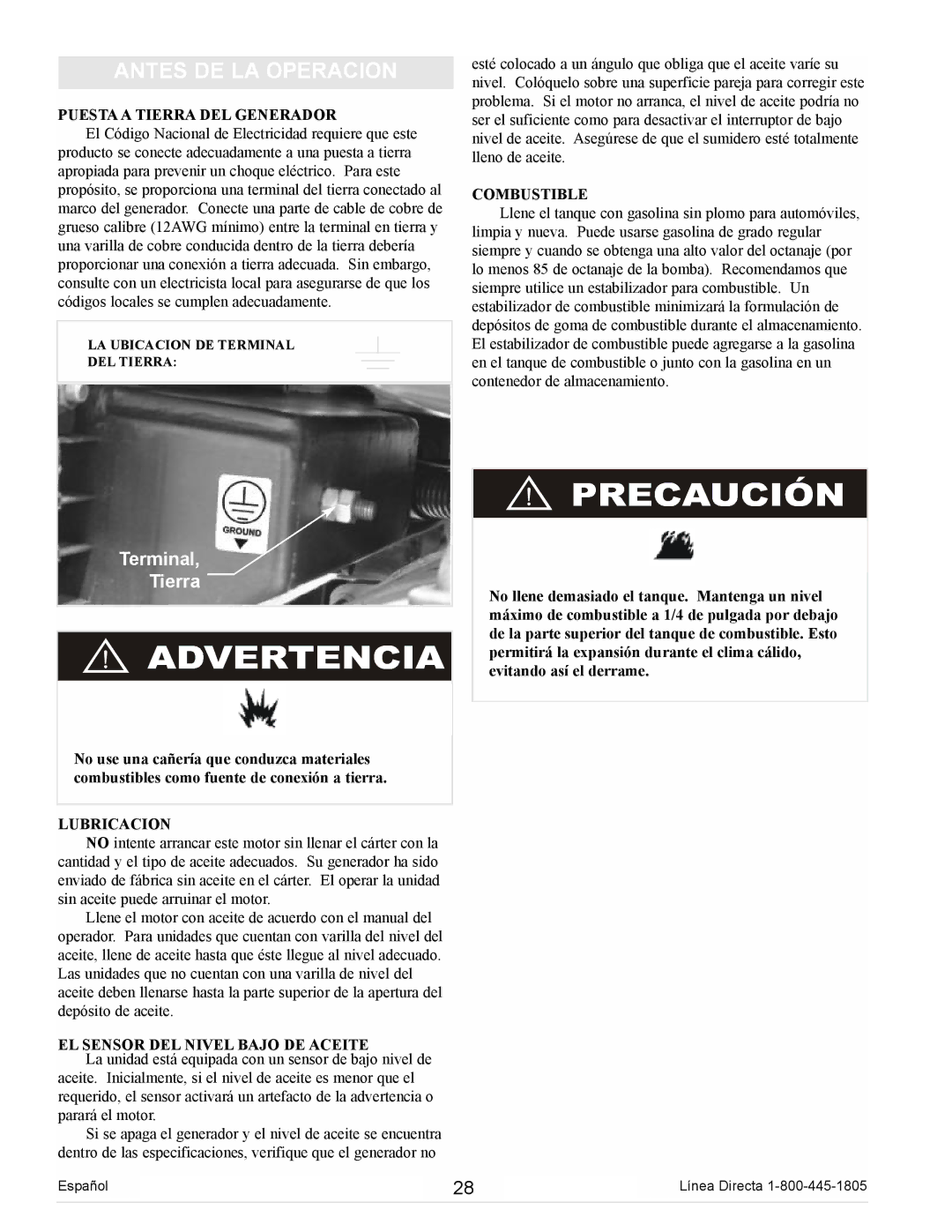 Powermate PM0105000 Antes DE LA Operacion, Puesta a Tierra DEL Generador, Lubricacion, EL Sensor DEL Nivel Bajo DE Aceite 