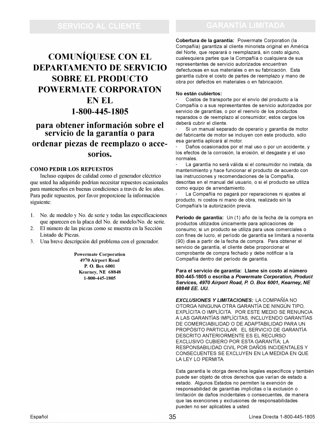 Powermate PM0105000 manual Servicio AL Cliente Garantía Limitada, Como Pedir LOS Repuestos 