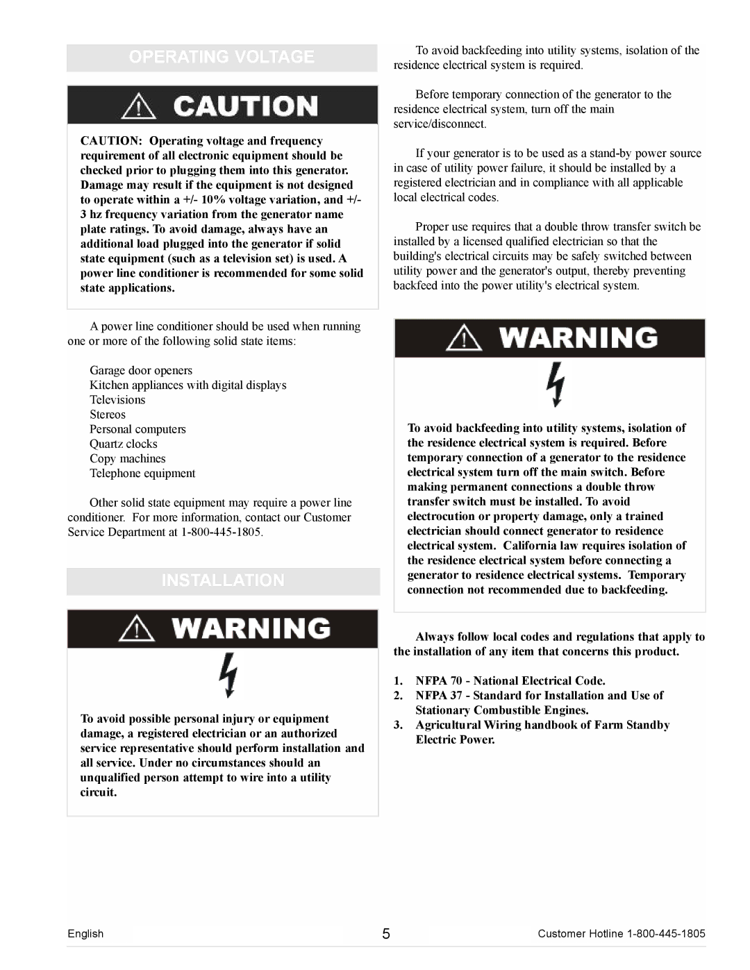 Powermate PM0105000 manual Operating Voltage, Installation 