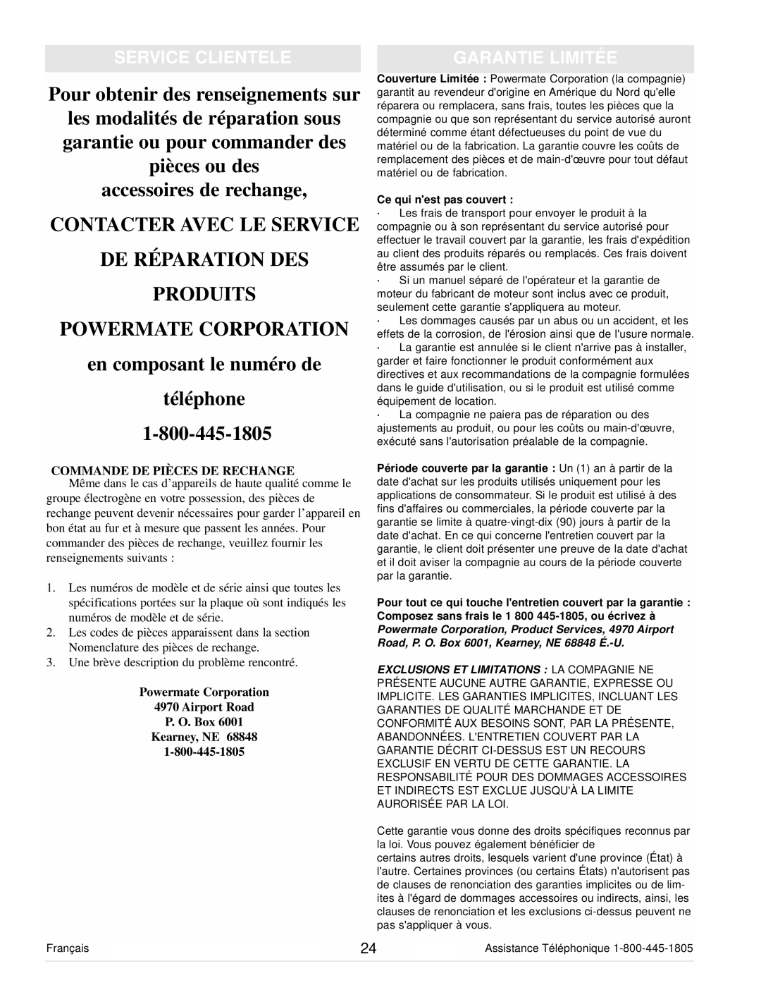 Powermate PM0106000 manual Service Clientele, Garantie Limitée, Commande DE Pièces DE Rechange 