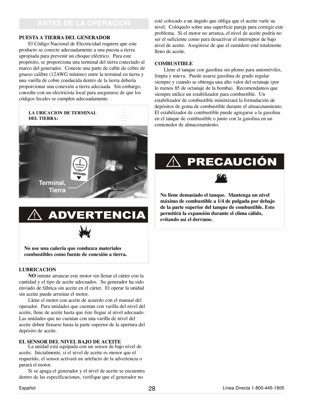 Powermate PM0106000 Antes DE LA Operacion, Puesta a Tierra DEL Generador, Lubricacion, EL Sensor DEL Nivel Bajo DE Aceite 