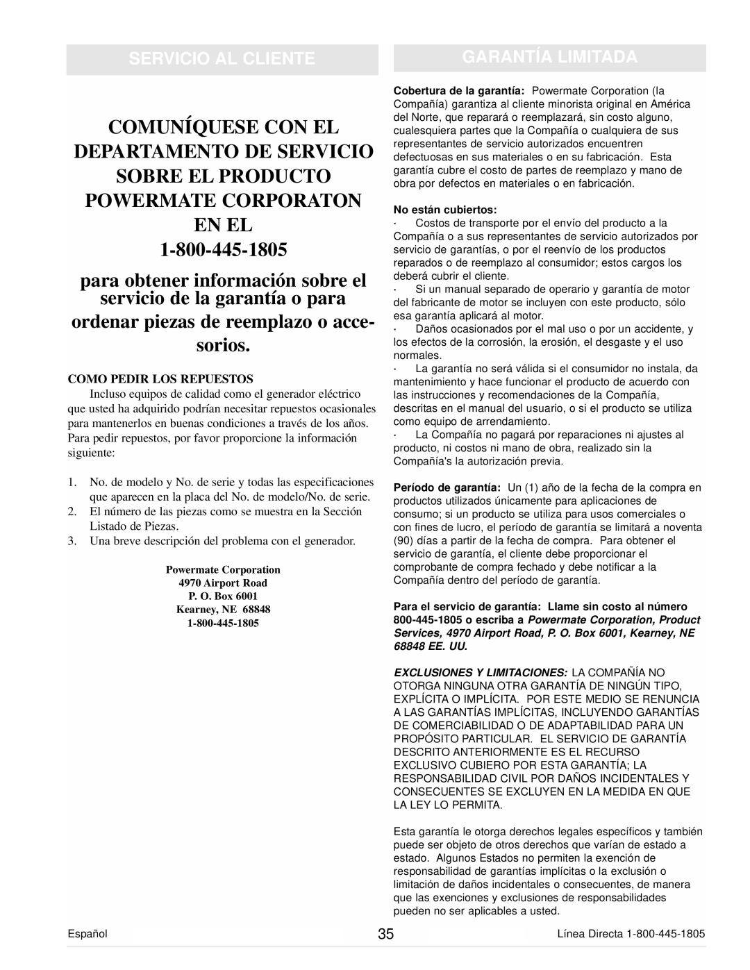 Powermate PM0106000 manual Servicio AL Cliente Garantía Limitada, Como Pedir LOS Repuestos 
