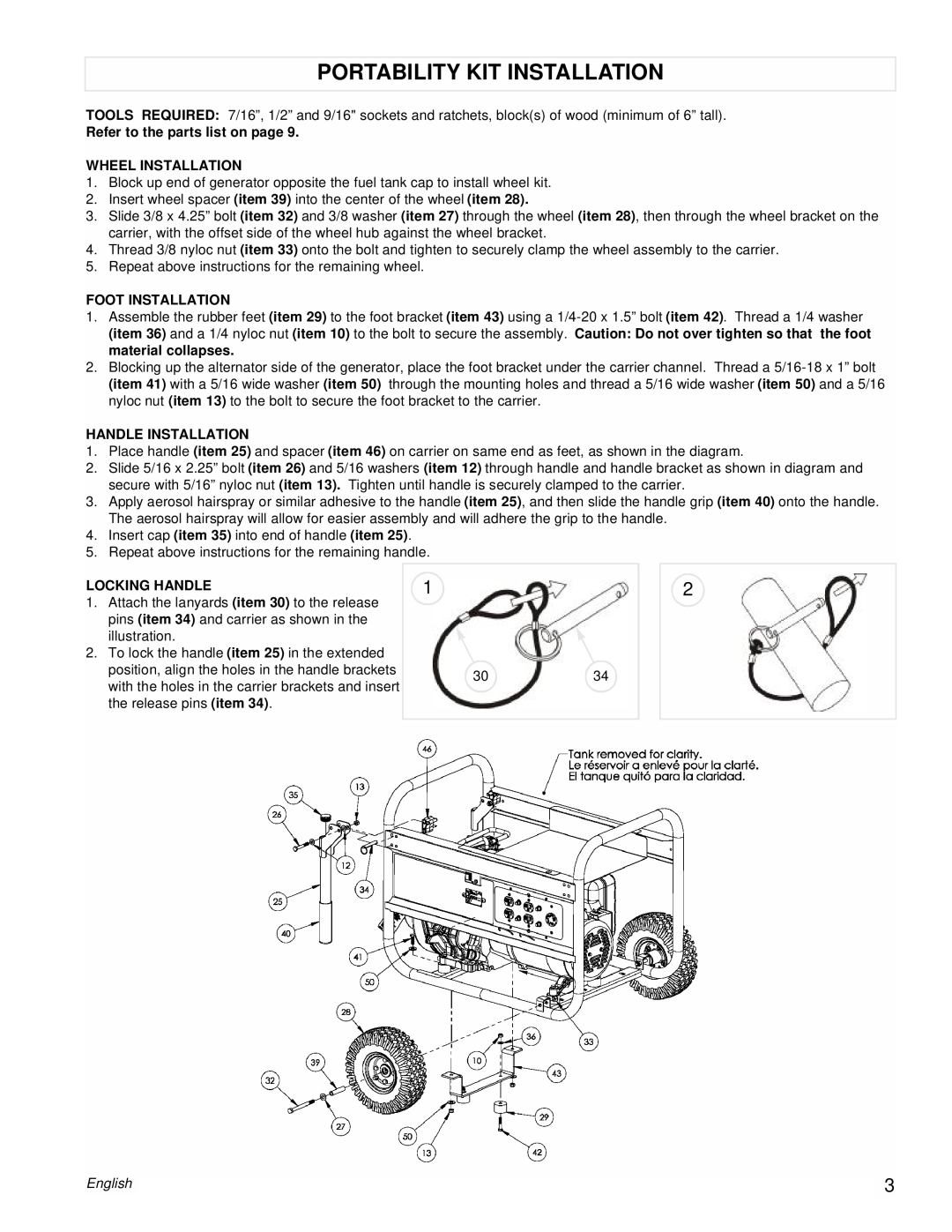 Powermate PM0106001 Portability Kit Installation, Refer to the parts list on page, Wheel Installation, Foot Installation 