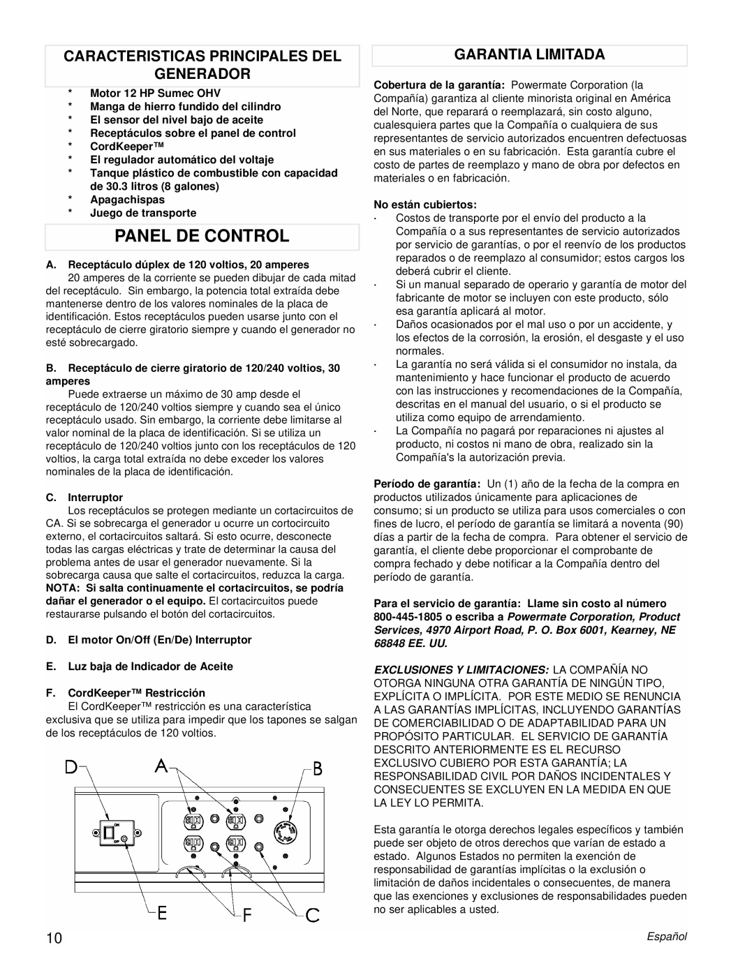 Powermate PM0106001 manual Panel DE Control, Caracteristicas Principales DEL Generador, Garantia Limitada, Interruptor 