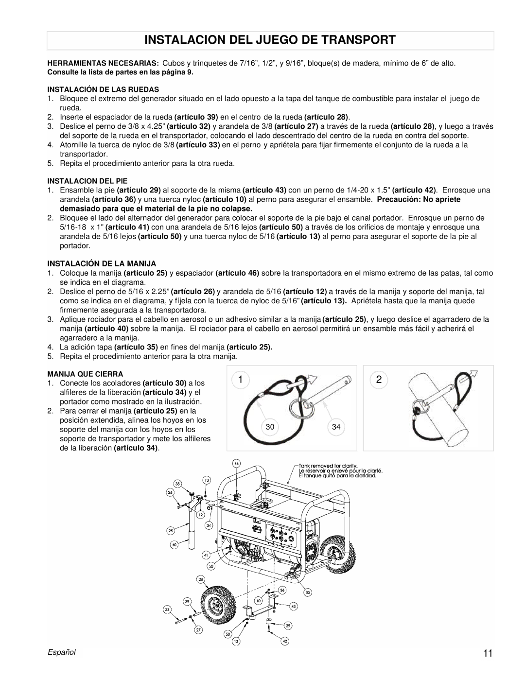 Powermate PM0106001 manual Instalacion DEL Juego DE Transport, Instalación DE LA Manija 