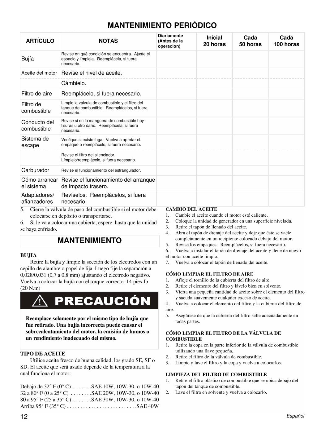 Powermate PM0106001 manual Mantenimiento Periódico 