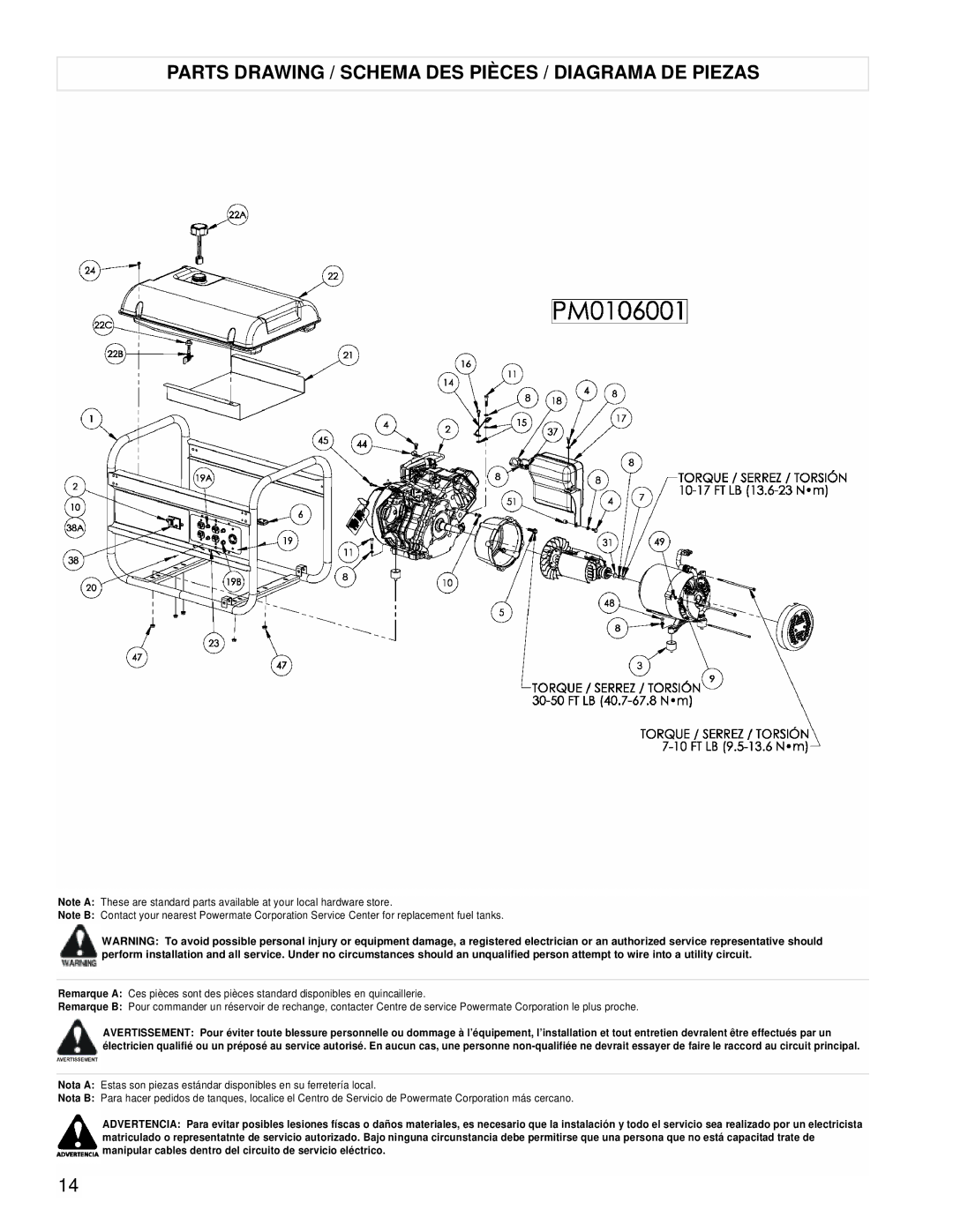 Powermate PM0106001 manual Parts Drawing / Schema DES Pièces / Diagrama DE Piezas 