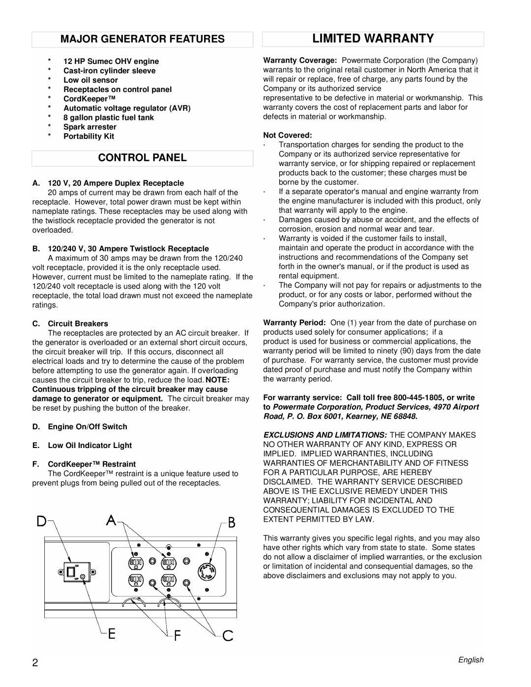 Powermate PM0106001 manual Limited Warranty, Major Generator Features, Control Panel 