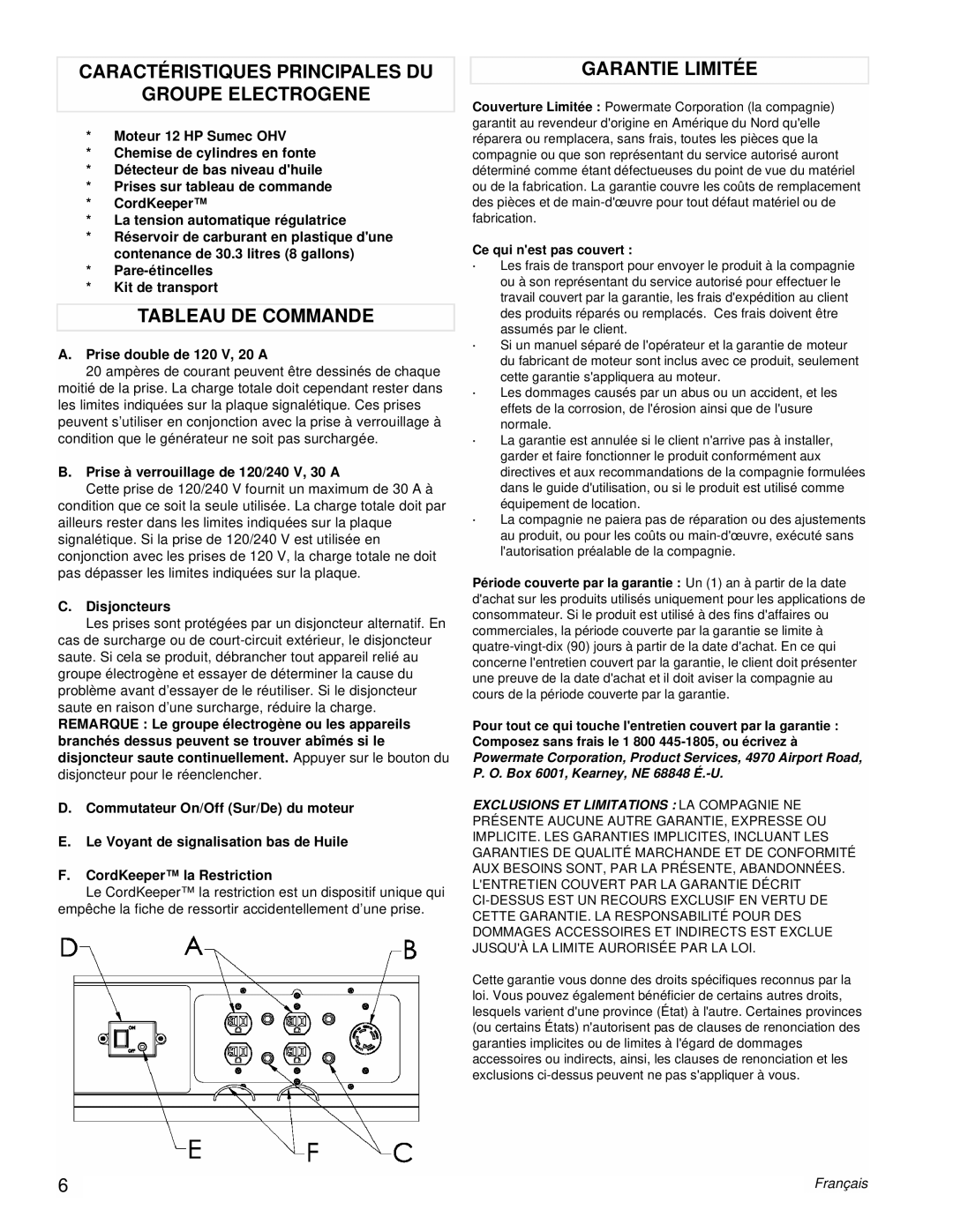 Powermate PM0106001 manual Caractéristiques Principales DU Groupe Electrogene, Tableau DE Commande, Garantie Limitée 