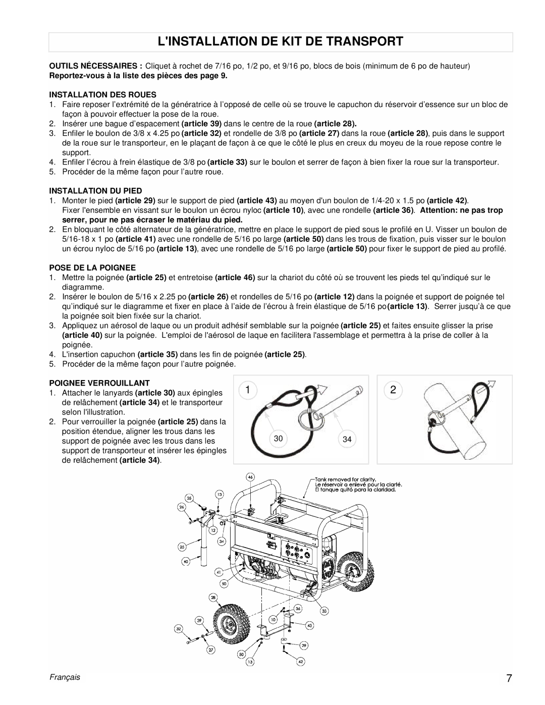 Powermate PM0106001 Linstallation DE KIT DE Transport, Installation DES Roues, Installation DU Pied, Pose DE LA Poignee 