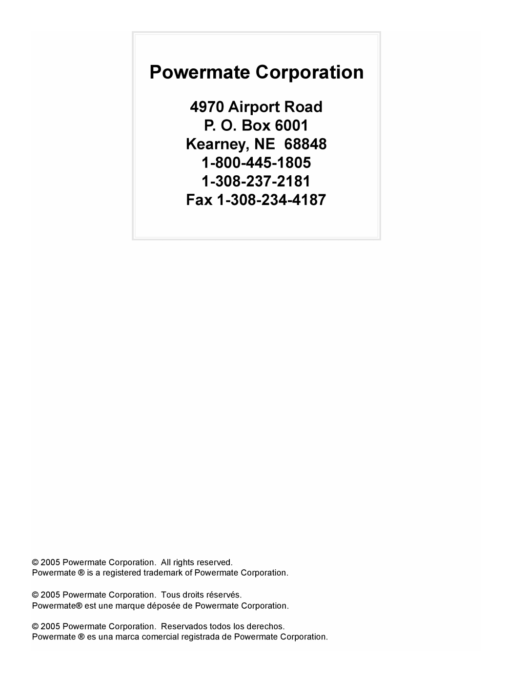 Powermate PM0116000.01 manual Airport Road P. O. Box Kearney, NE, Powermate Corporation 