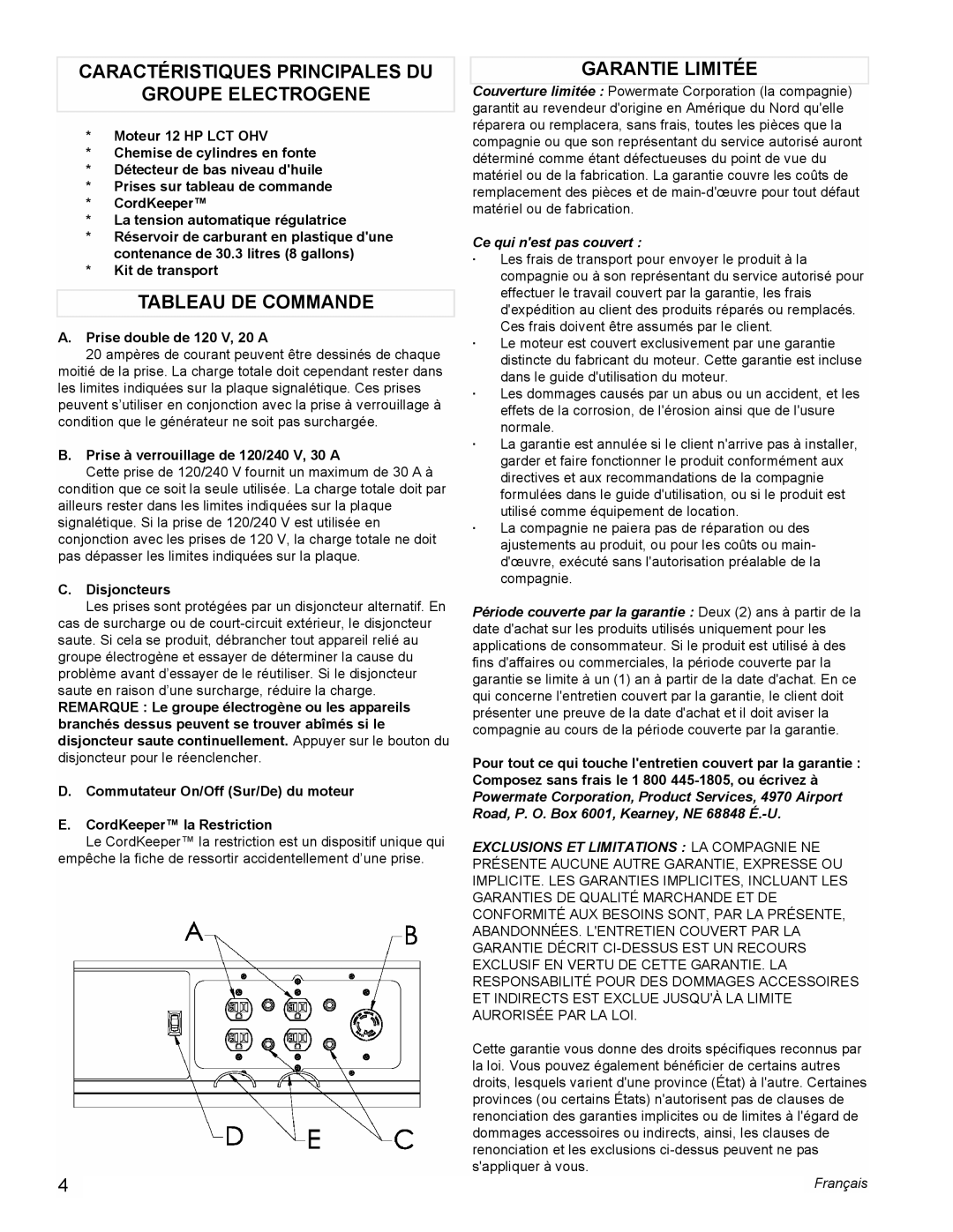 Powermate PM0116000.01 manual Caractéristiques Principales Du, Groupe Electrogene, Tableau De Commande, Garantie Limitée 