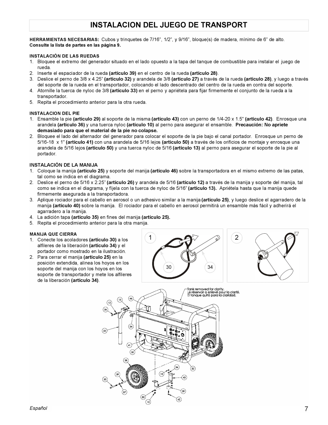 Powermate PM0116000.01 manual Instalacion Del Juego De Transport, Instalación De La Manija, Español 