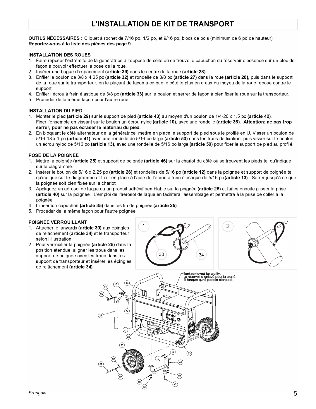 Powermate PM0116000.01 Linstallation DE KIT DE Transport, Installation DES Roues, Installation DU Pied, Pose DE LA Poignee 