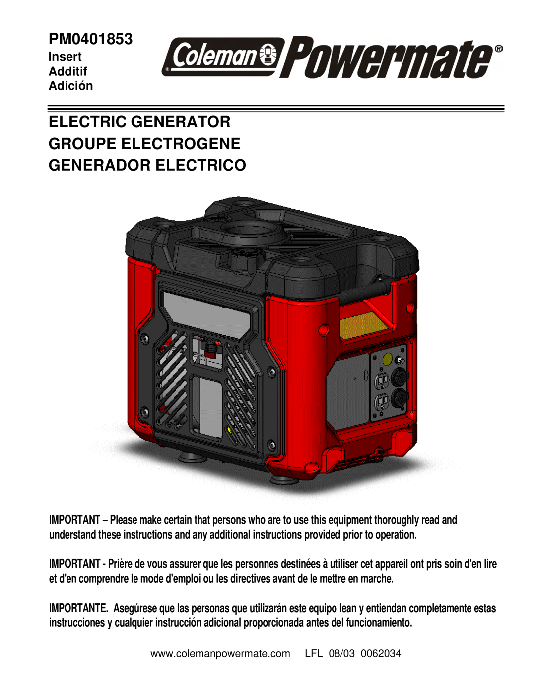 Powermate PM0401853 manual Electric Generator Groupe Electrogene, Generador Electrico, Insert Additif Adición 
