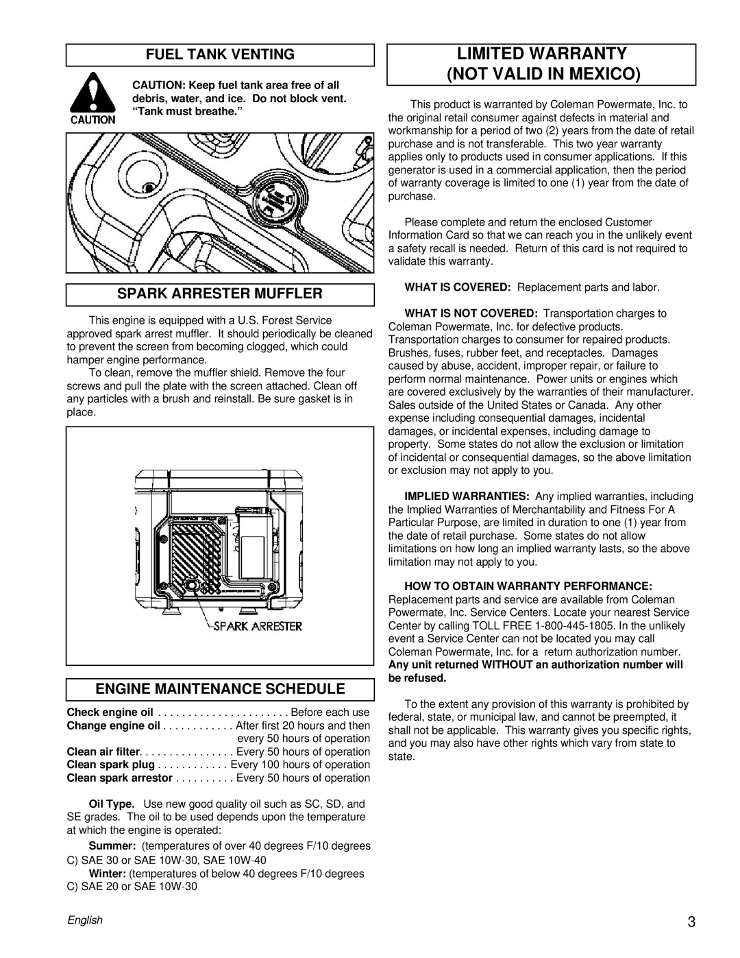 Powermate PM0401853 manual Fuel Tank Venting, Spark Arrester Muffler, Engine Maintenance Schedule, English 