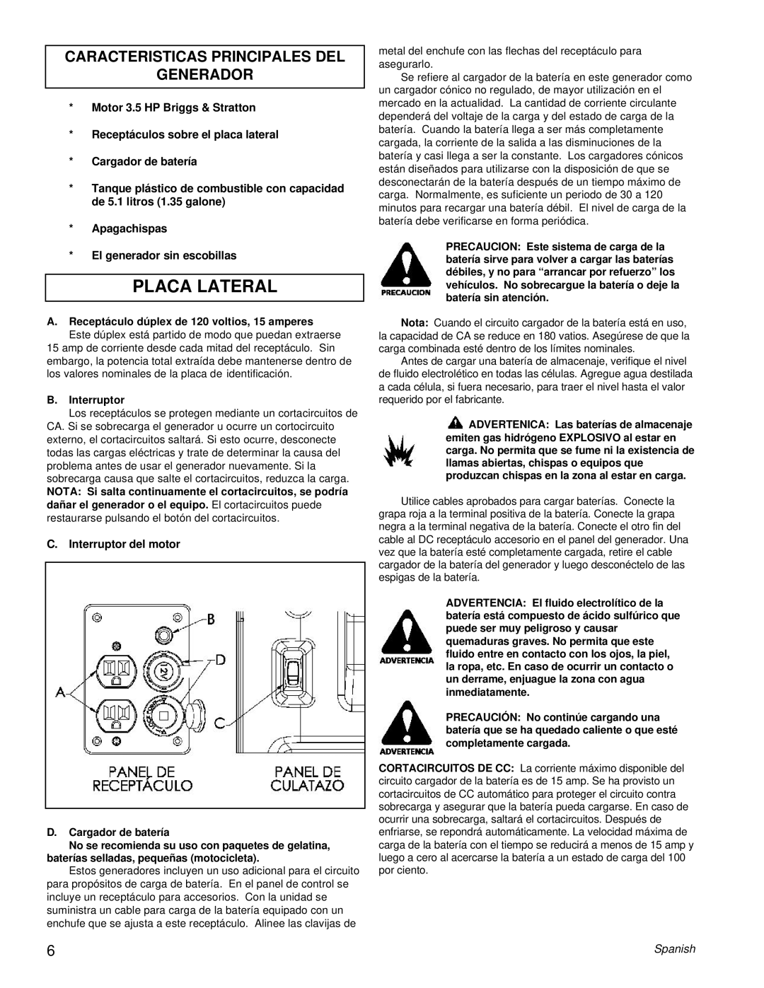 Powermate PM0401853 manual Placa Lateral, Caracteristicas Principales Del Generador 