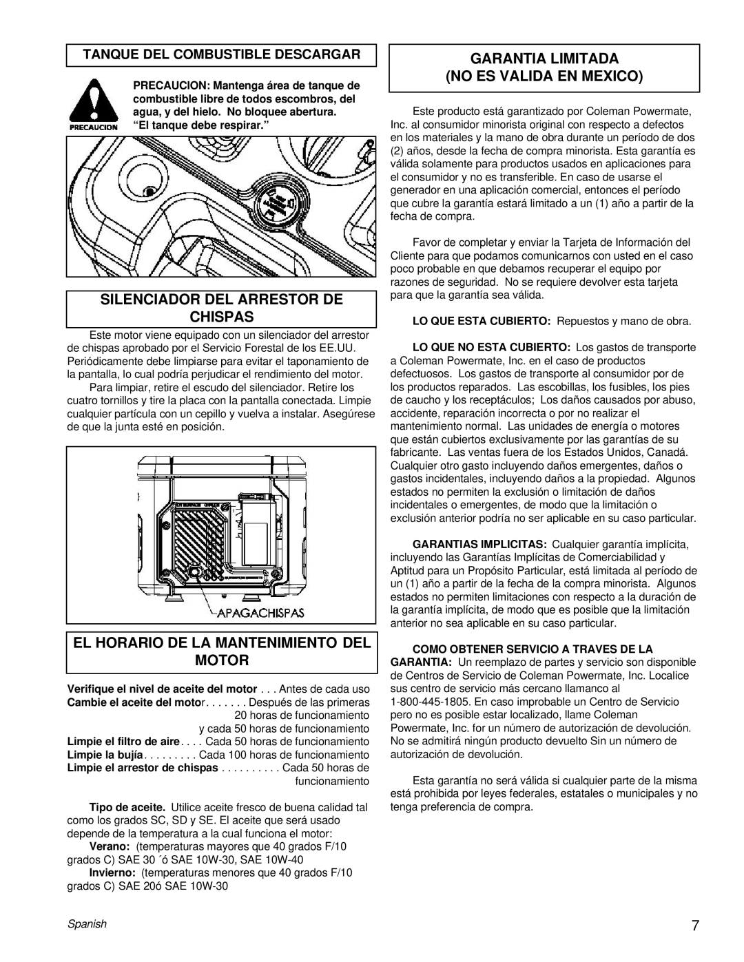 Powermate PM0401853 manual Silenciador Del Arrestor De Chispas, El Horario De La Mantenimiento Del Motor, Spanish 