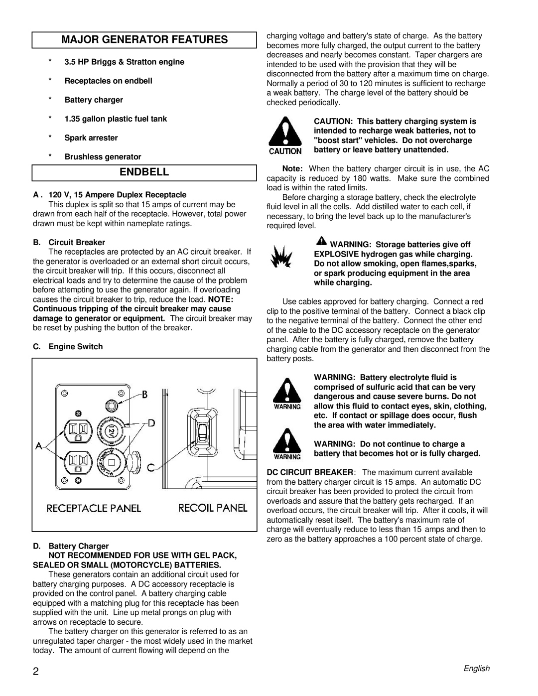 Powermate PM0401853 manual Major Generator Features, Endbell, 120 V, 15 Ampere Duplex Receptacle, Circuit Breaker 