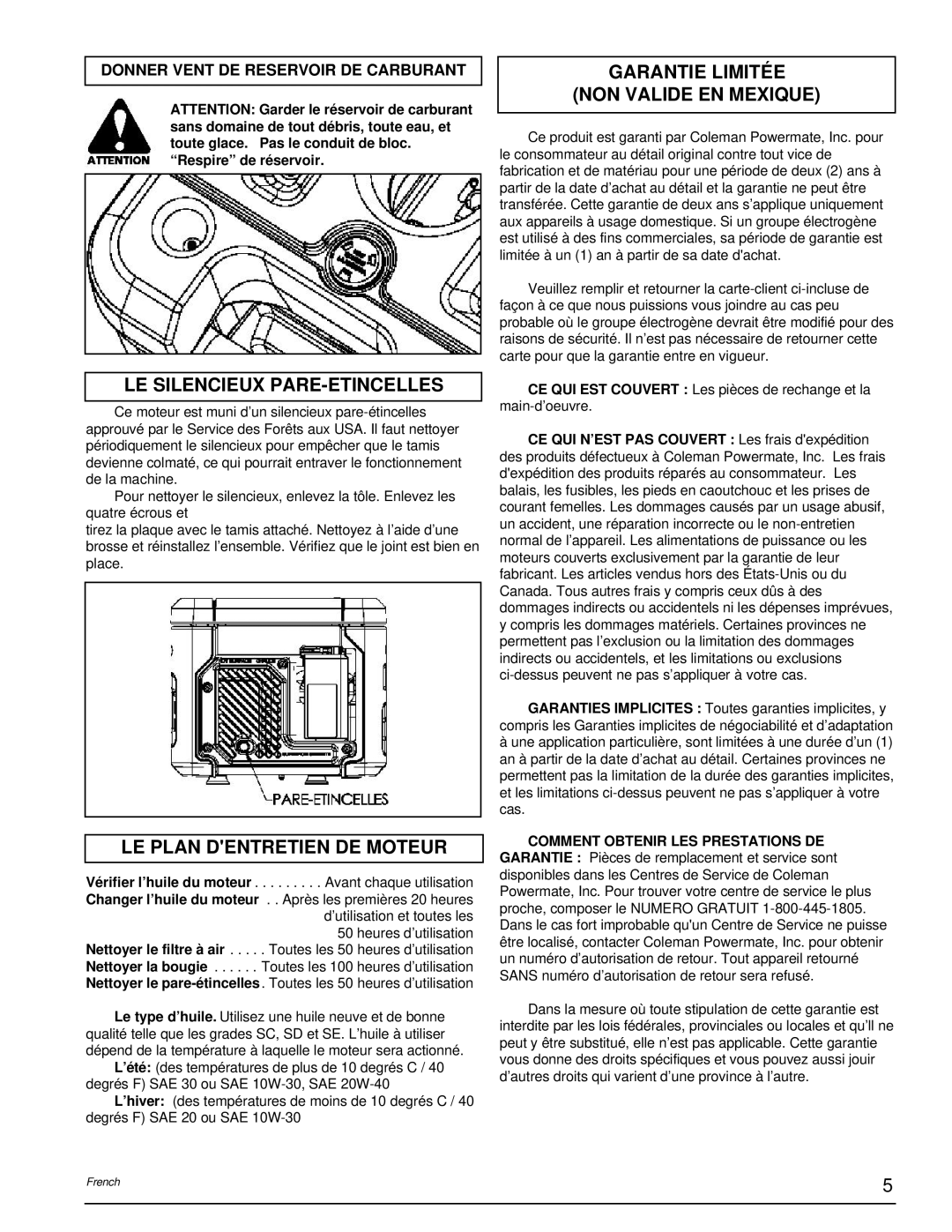 Powermate PM0401853 LE Silencieux PARE-ETINCELLES, LE Plan Dentretien DE Moteur, Garantie Limitée NON Valide EN Mexique 