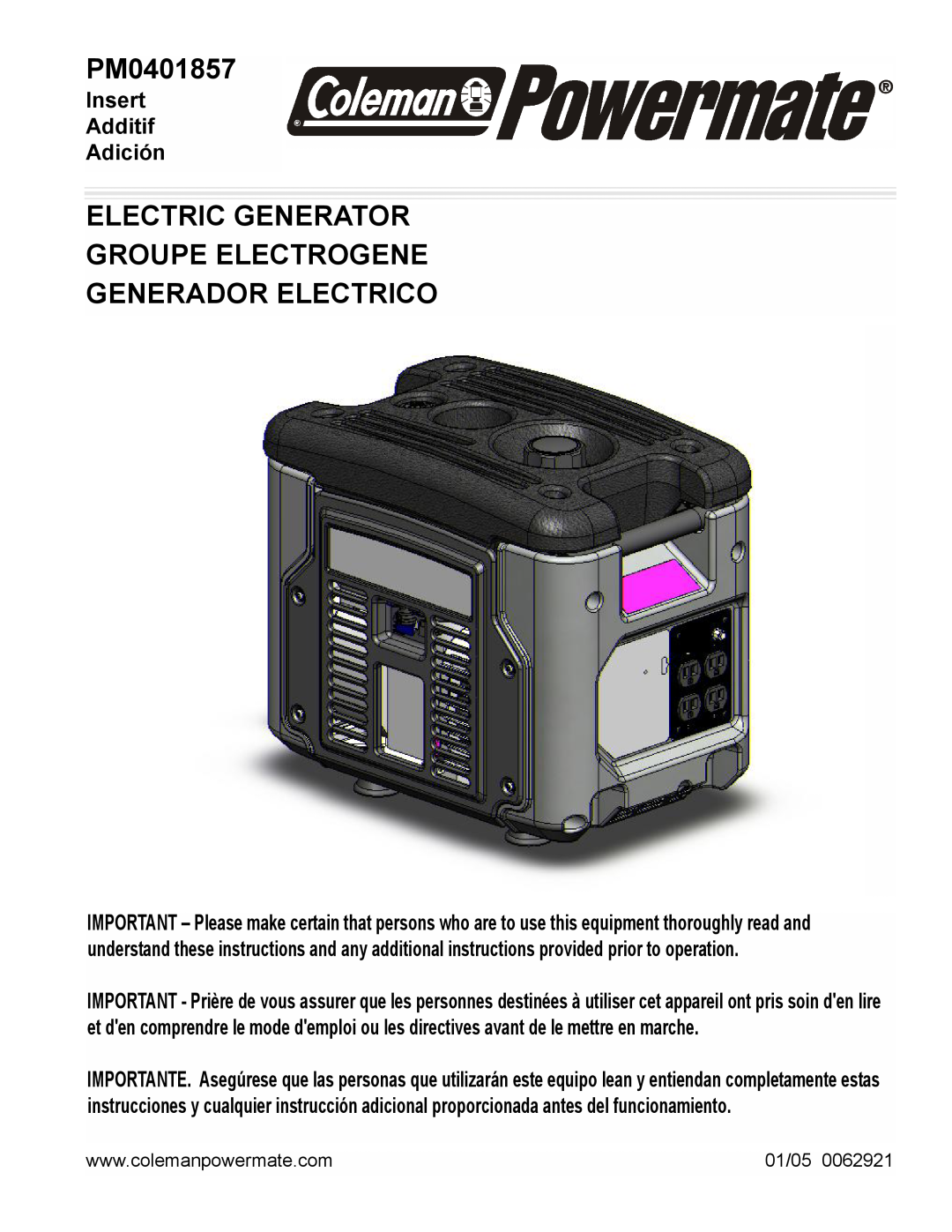 Powermate PM0401857 manual Electric Generator Groupe Electrogene, Generador Electrico, Insert Additif Adición, 01/05 