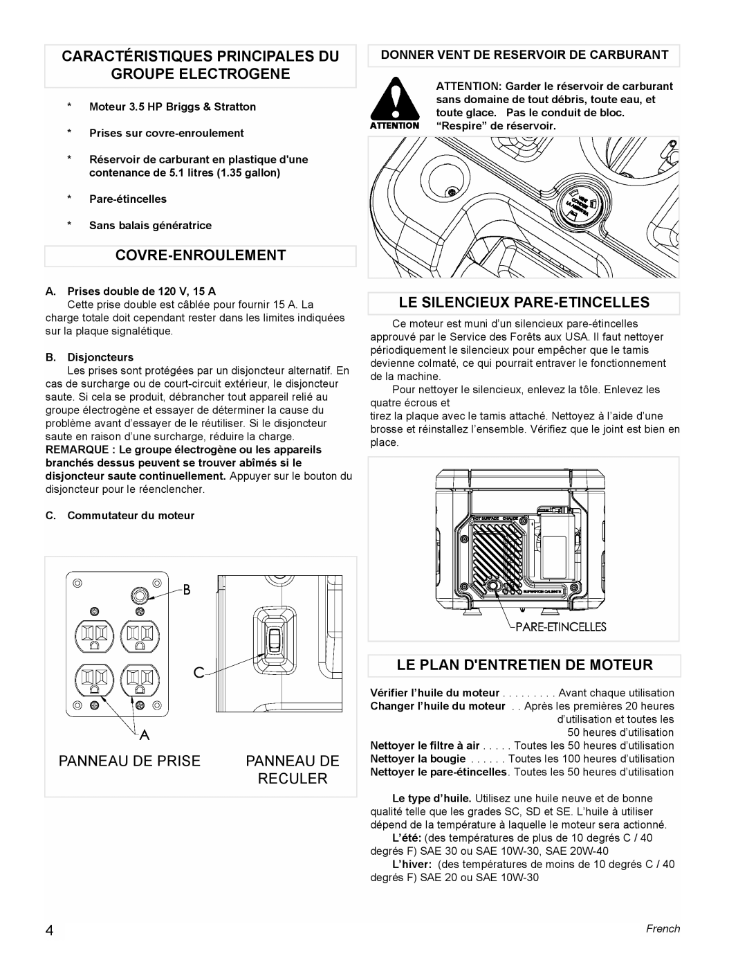 Powermate PM0401857 Caractéristiques Principales Du, Groupe Electrogene, Covre-Enroulement, Le Silencieux Pare-Etincelles 
