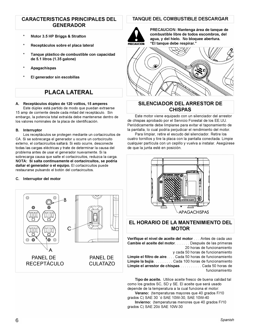 Powermate PM0401857 manual Placa Lateral, Caracteristicas Principales Del Generador, Silenciador Del Arrestor De Chispas 