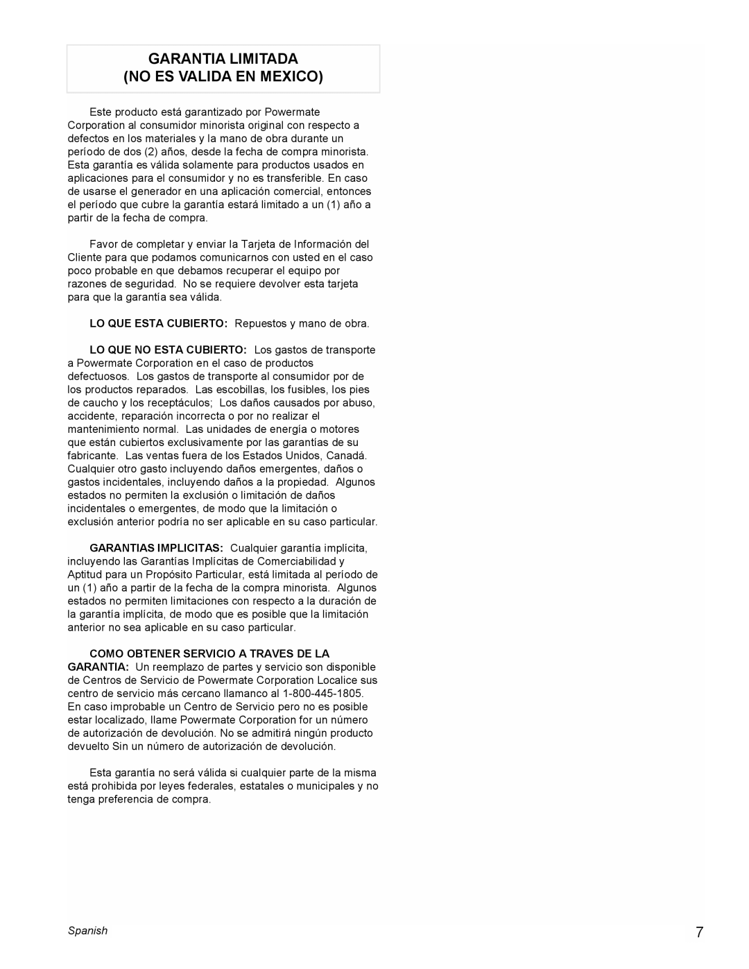 Powermate PM0401857 manual Garantia Limitada No Es Valida En Mexico, Spanish 
