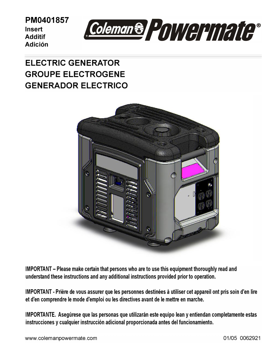 Powermate PM0401857 manual Electric Generator Groupe Electrogene Generador Electrico 