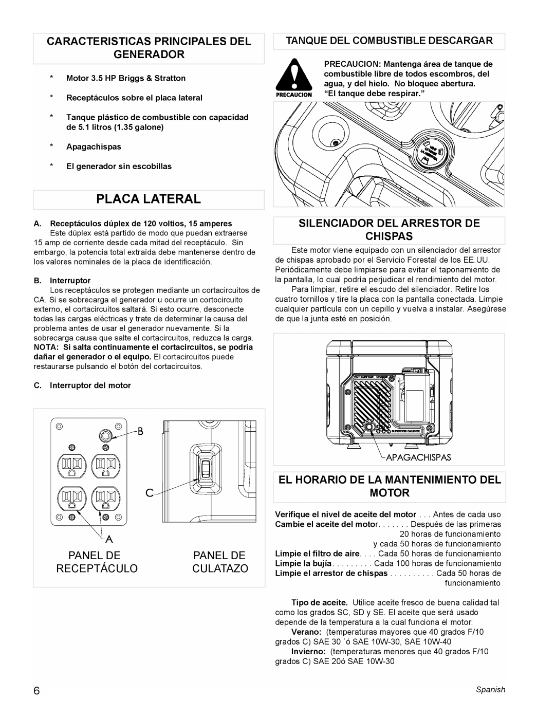 Powermate PM0401857 manual Caracteristicas Principales DEL Generador, Silenciador DEL Arrestor DE Chispas, Interruptor 