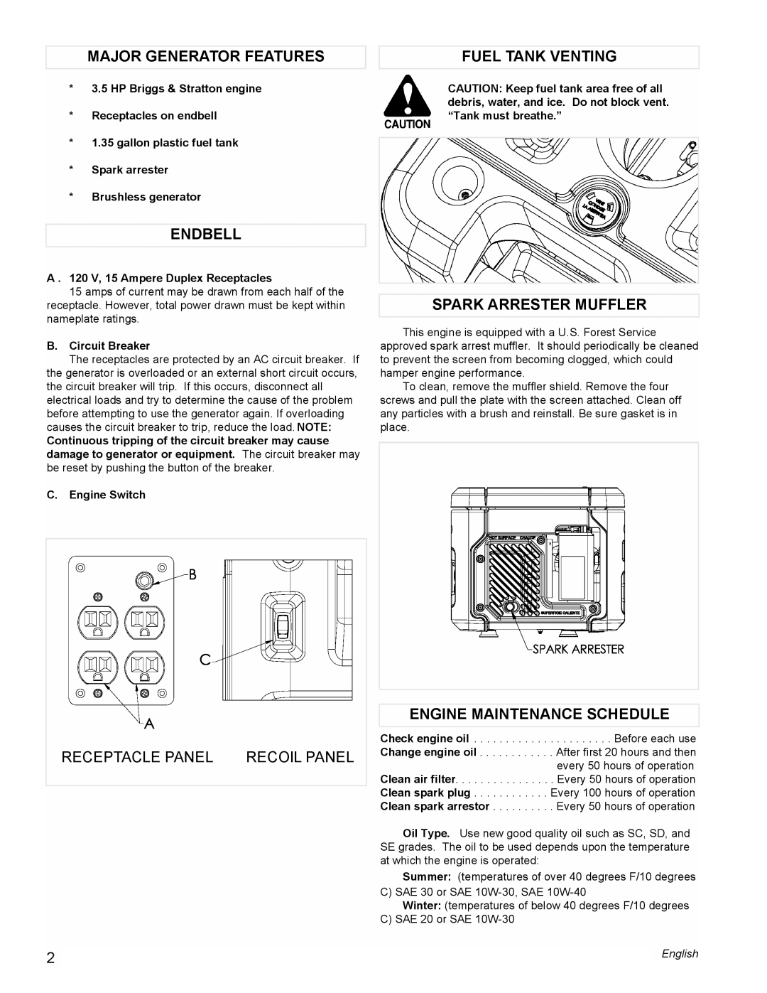 Powermate PM0401858 manual Major Generator Features Fuel Tank Venting, Endbell, Spark Arrester Muffler 