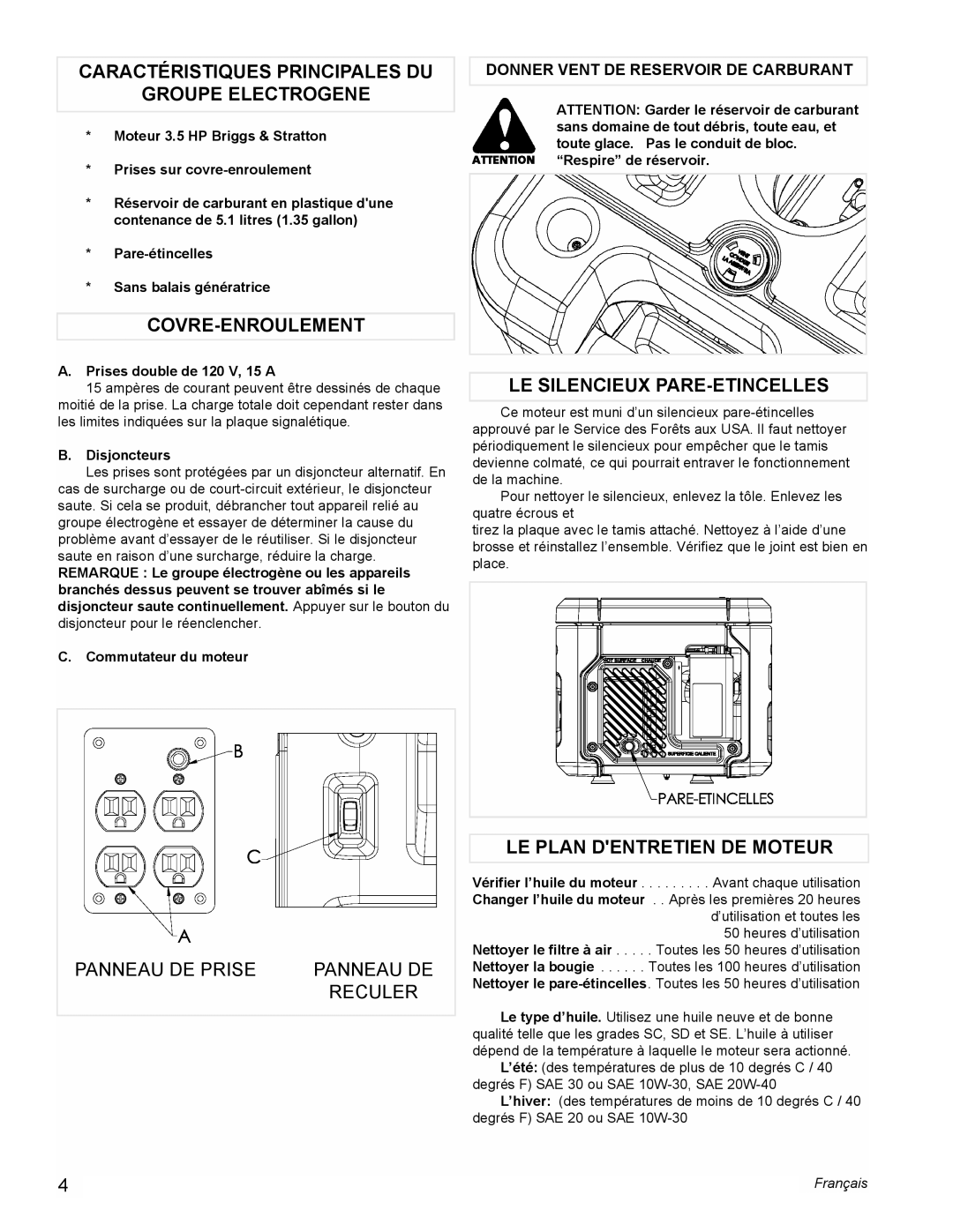 Powermate PM0401858 Caractéristiques Principales DU Groupe Electrogene, Covre-Enroulement, LE Silencieux PARE-ETINCELLES 