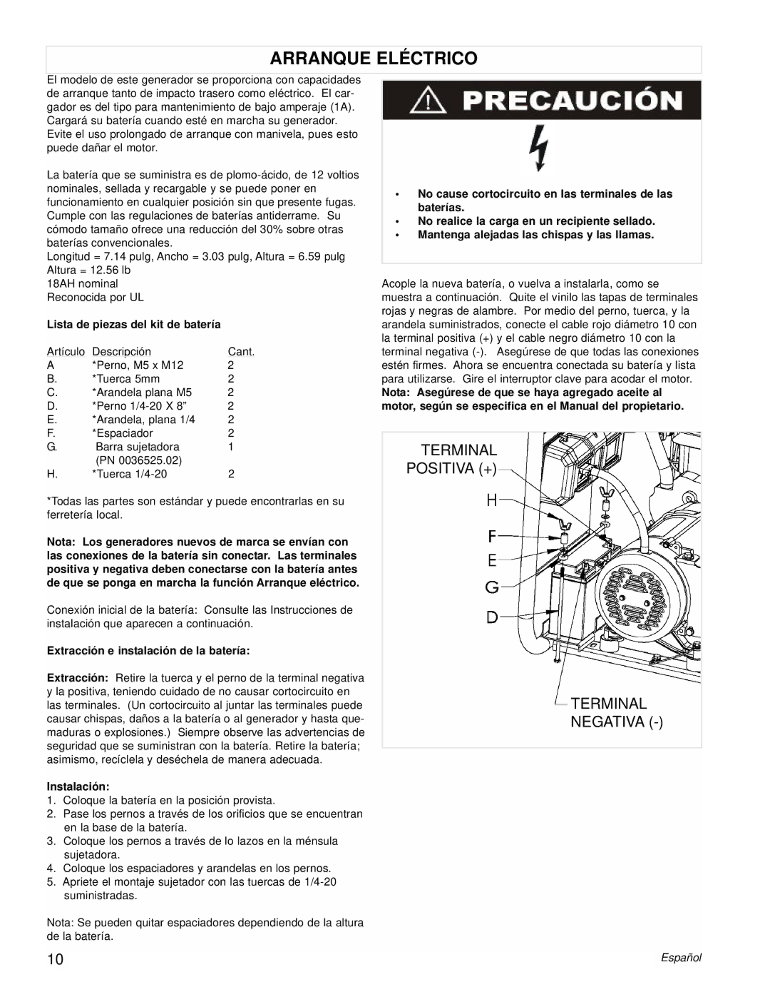 Powermate PM0418000 manual Arranque Eléctrico, Lista de piezas del kit de batería, Extracción e instalación de la batería 