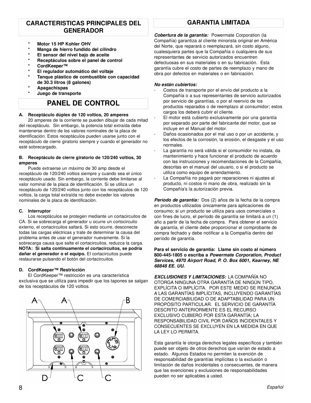 Powermate PM0418000 manual Panel DE Control, Caracteristicas Principales DEL Generador, Garantia Limitada, Interruptor 