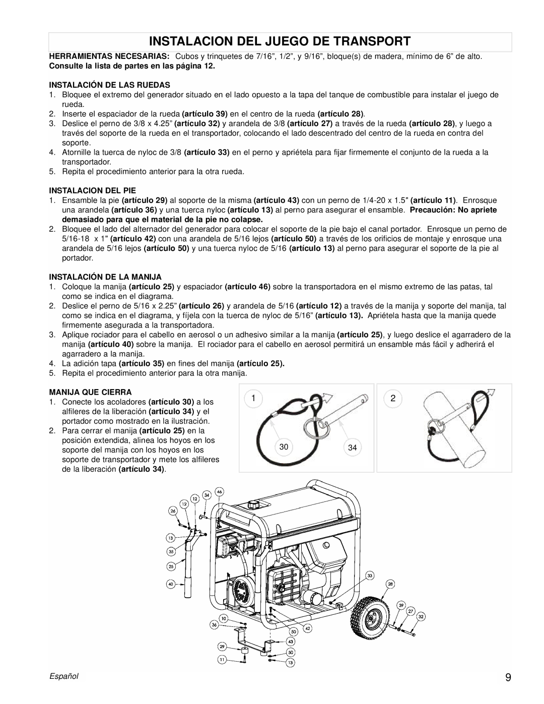 Powermate PM0418000 Instalacion DEL Juego DE Transport, Instalación DE LAS Ruedas, Instalacion DEL PIE, Manija QUE Cierra 