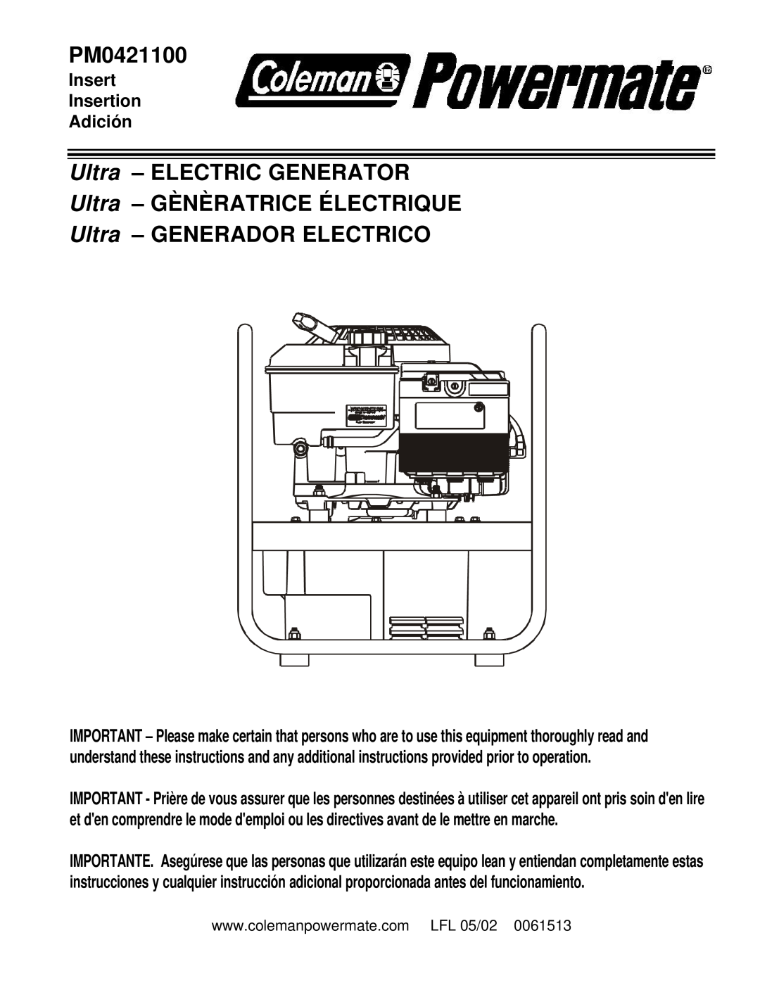 Powermate PM0421100 manual Ultra - ELECTRIC GENERATOR, Ultra - GÈNÈRATRICE ÉLECTRIQUE, Ultra - GENERADOR ELECTRICO 