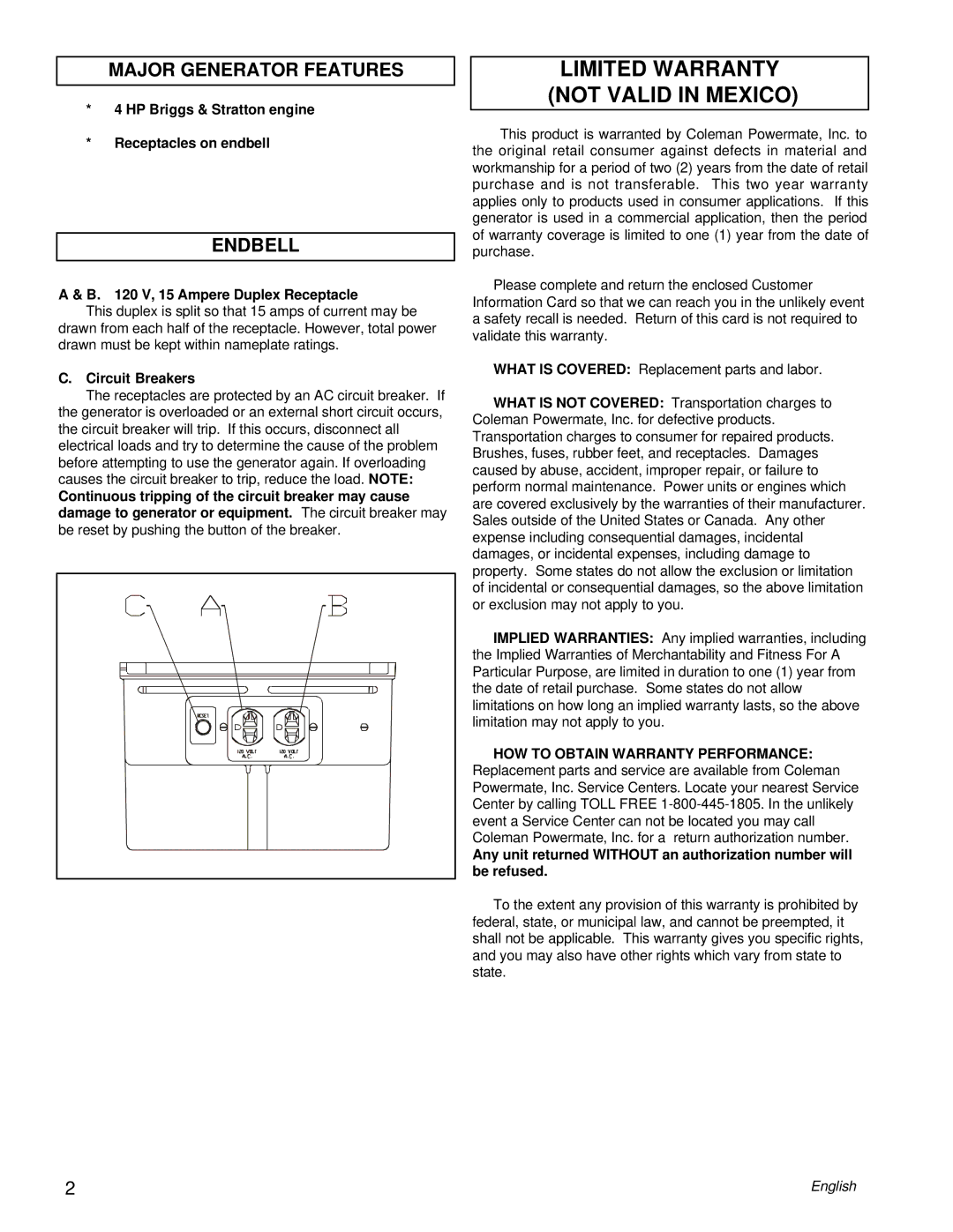 Powermate PM0421100 manual Limited Warranty not Valid in Mexico, Major Generator Features, Endbell 