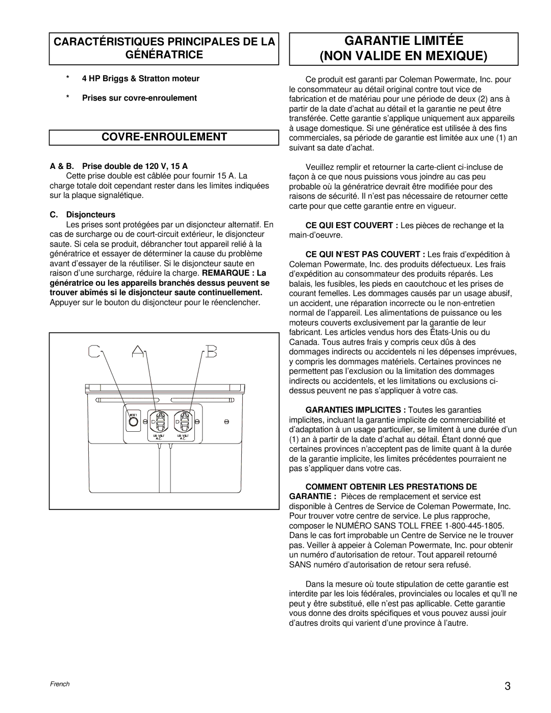 Powermate PM0421100 manual Garantie Limitée NON Valide EN Mexique, Caractéristiques Principales DE LA Génératrice 