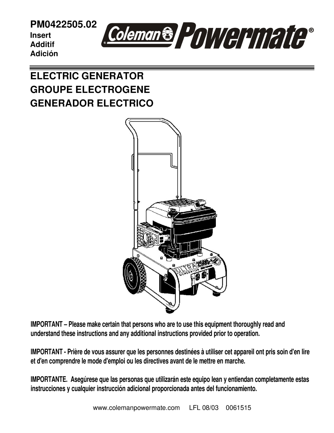 Powermate PM0422505.02 manual Electric Generator Groupe Electrogene, Generador Electrico, Insert Additif Adición 