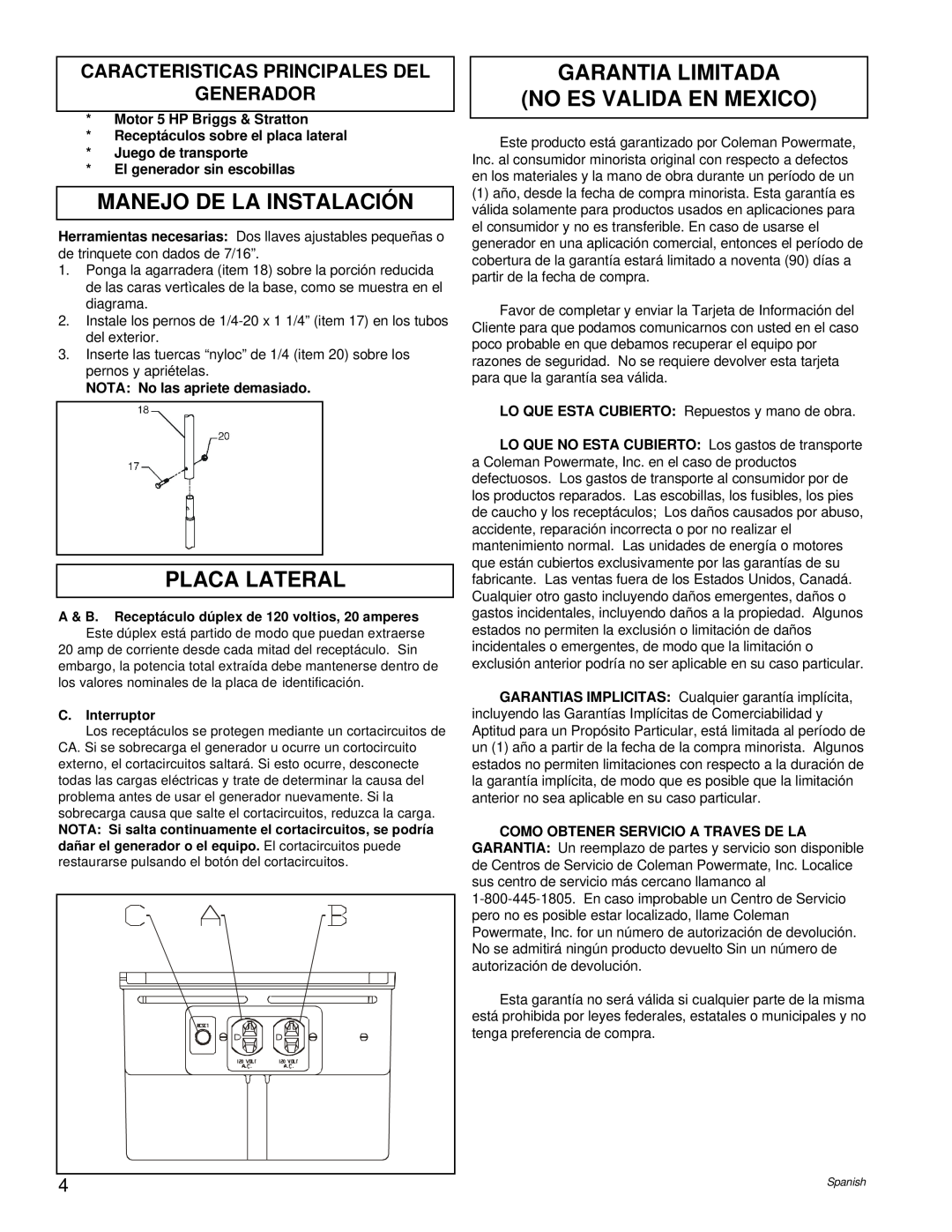 Powermate PM0422505.02 Manejo De La Instalación, Placa Lateral, Garantia Limitada No Es Valida En Mexico, C.Interruptor 