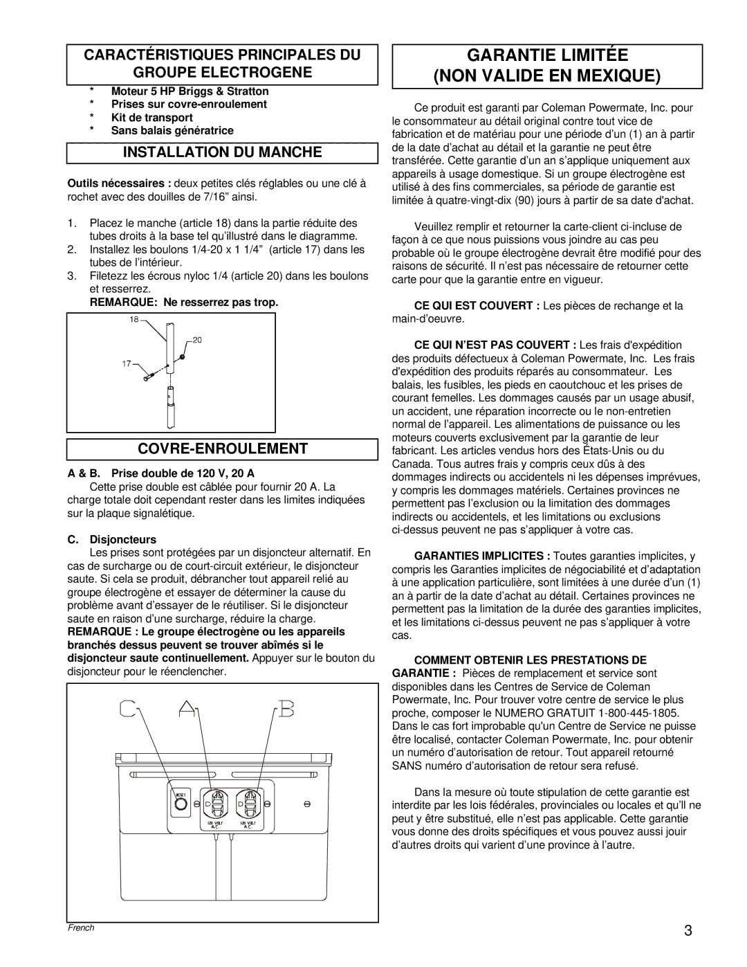 Powermate PM0422505.02 manual Garantie Limitée NON Valide EN Mexique, Caractéristiques Principales DU Groupe Electrogene 