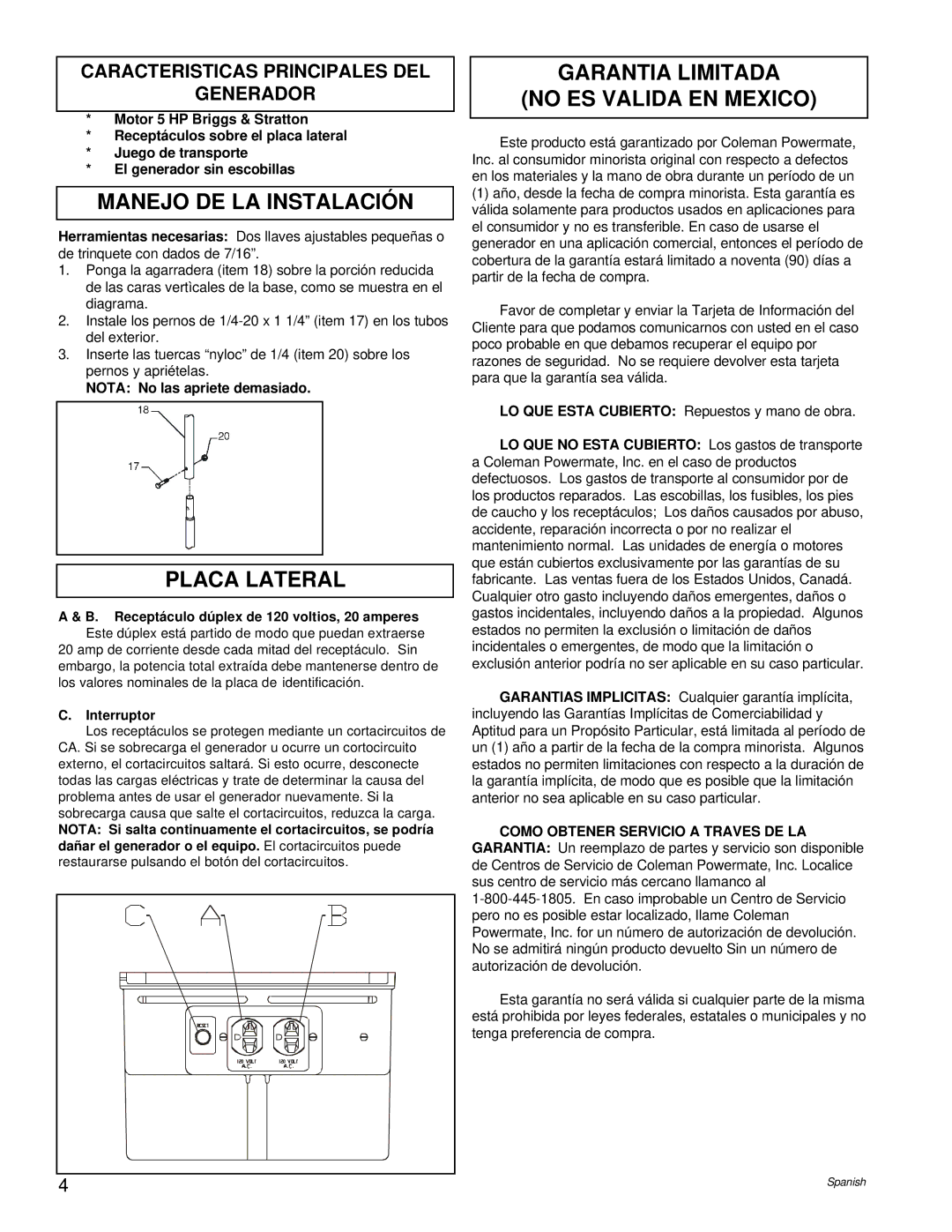 Powermate PM0422505.02 manual Manejo DE LA Instalación, Placa Lateral, Garantia Limitada No ES Valida EN Mexico 