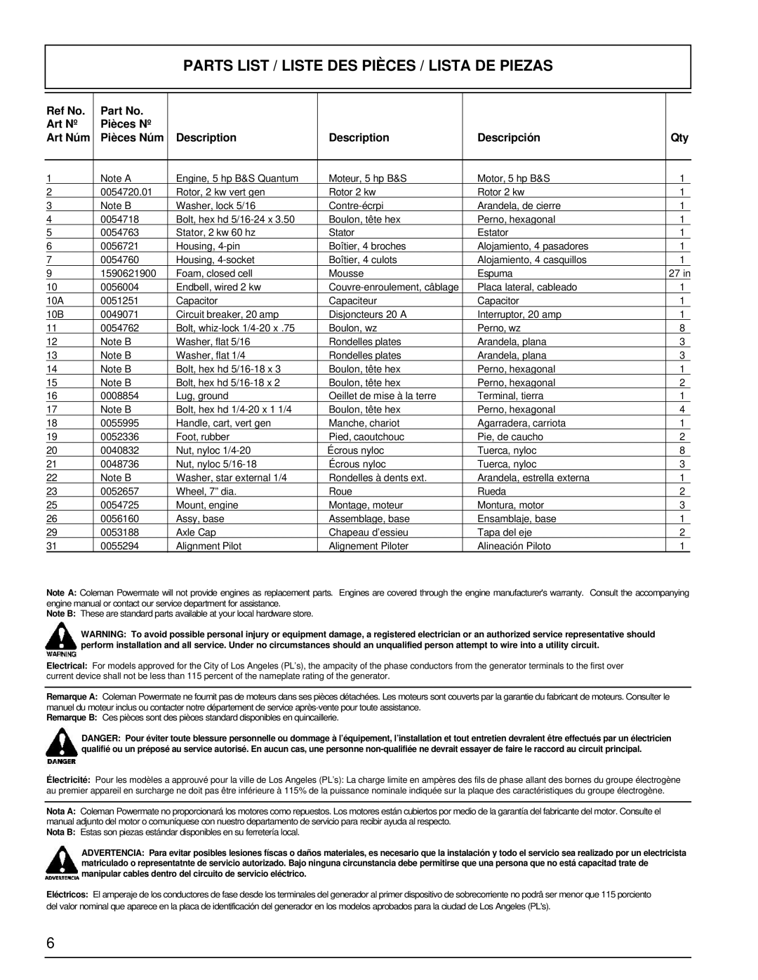 Powermate PM0422505.02 manual Parts List / Liste DES Pièces / Lista DE Piezas 