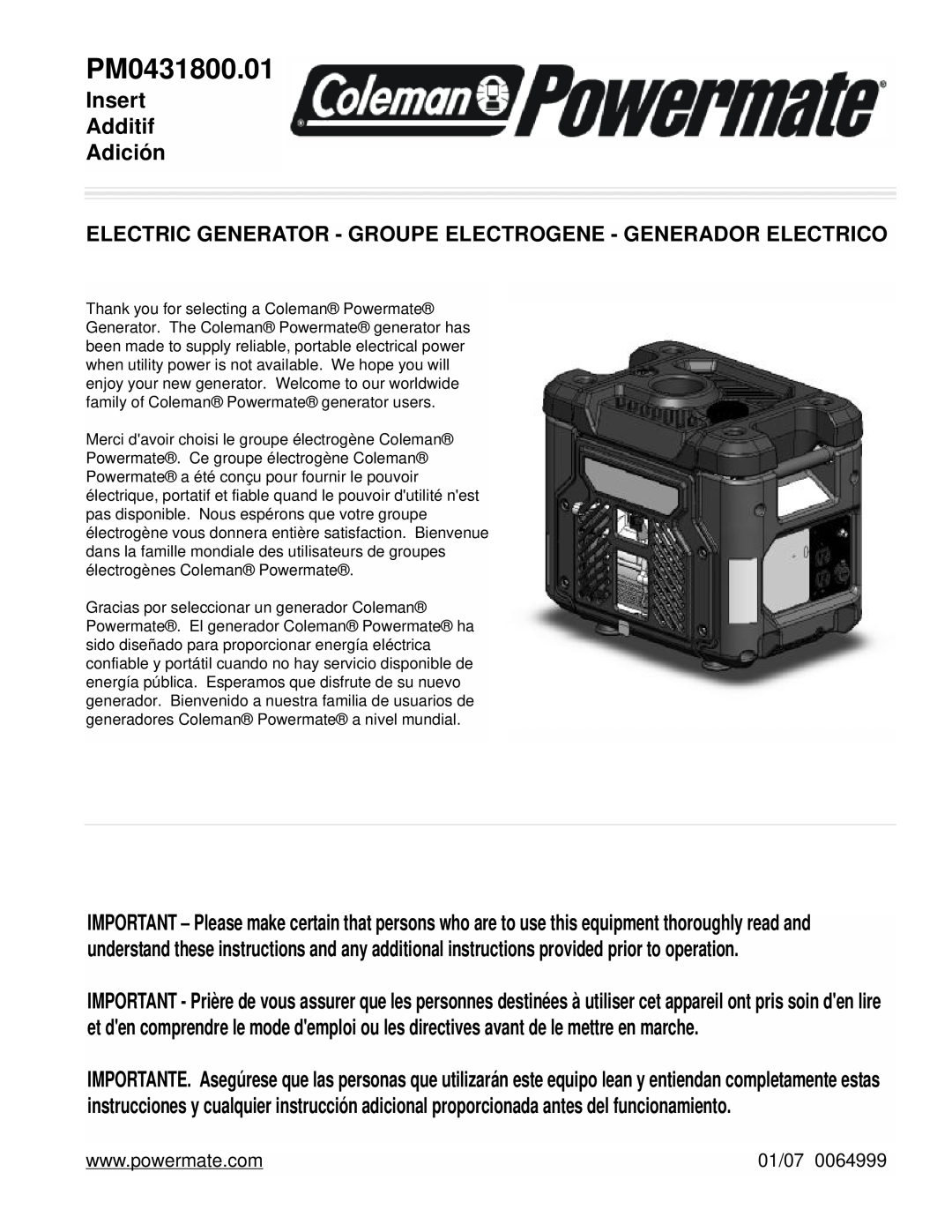 Powermate PM0431800.01 manual Insert Additif Adición, Electric Generator - Groupe Electrogene - Generador Electrico, 01/07 