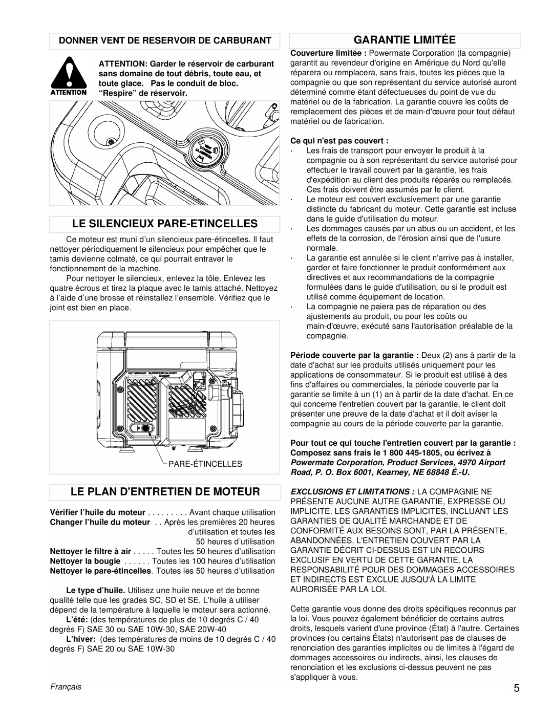 Powermate PM0431800.01 manual Le Silencieux Pare-Etincelles, Le Plan Dentretien De Moteur, Garantie Limitée, Français 
