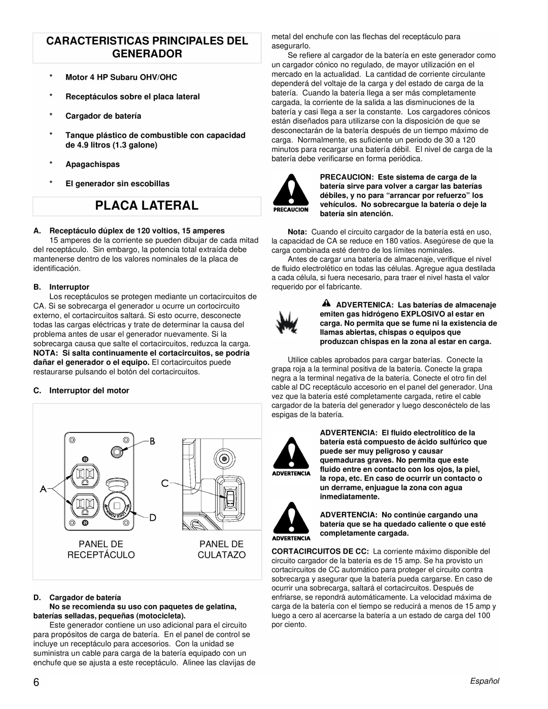 Powermate PM0431800.01 manual Placa Lateral, Caracteristicas Principales Del Generador, Español 
