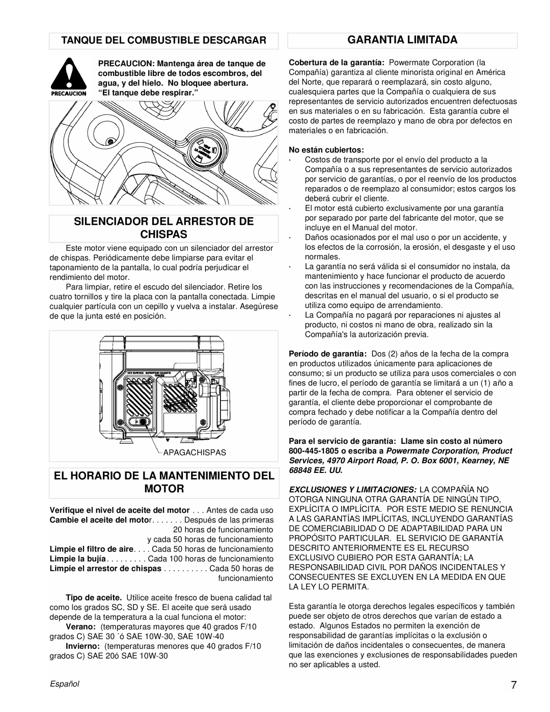 Powermate PM0431800.01 Silenciador Del Arrestor De Chispas, El Horario De La Mantenimiento Del Motor, Garantia Limitada 
