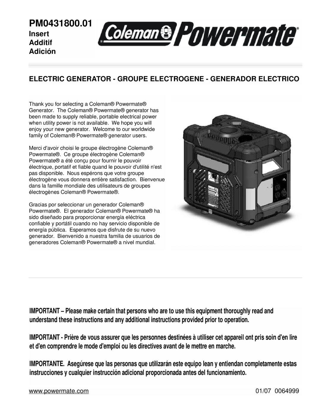 Powermate PM0431800.01 manual 